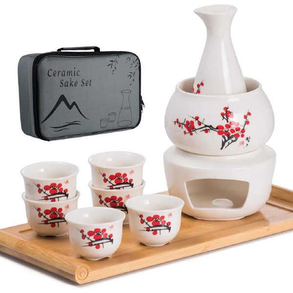 Old Hong Trading Ceramic Sake Set With Warmer Plum Flower Blossom